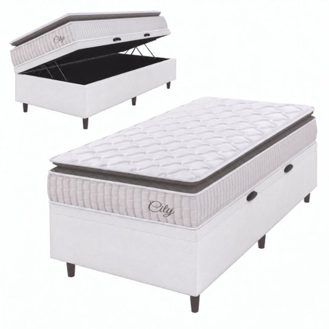 Cama Box Baú Colchão Solteiro Molas Ensacadas City Pillow Top 88x188x64cm Branco / Preto