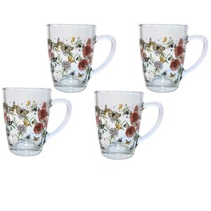 Jogo 4 Canecas Vidro Redonda para Chá Cappuccino 300ml - Borboleta