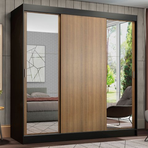 Guarda-Roupa Casal Madesa Reno 3 Portas de Correr com Espelhos Preto/Rustic Cor:Preto/Rustic