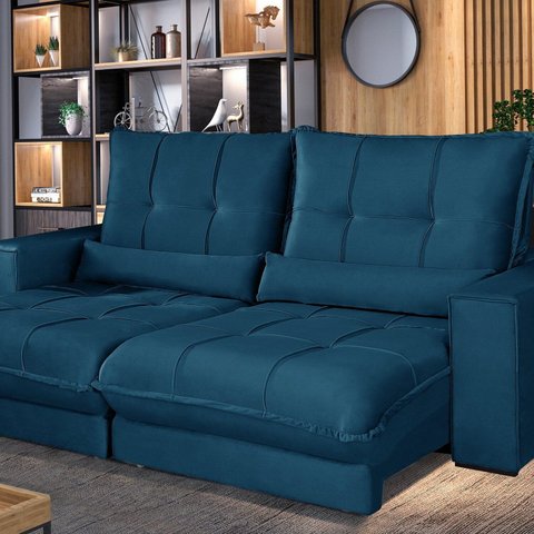 Sofá Retrátil e Reclinável Thor - Molas Ensacadas 210 Cm – Veludo Azul Marinho