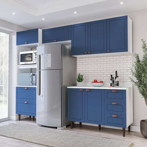 Cozinha Pérola 4 Peças Torre Quente Basculante Aéreo 3 Portas e Balcão 2 Gavetas 3 Portas com Tampo Yescasa Azul/Branco