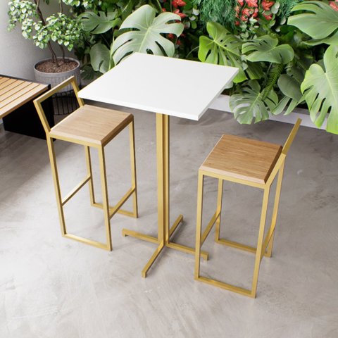 Jogo Mesa Alta Bistrô Quadrada Branca 2 Banquetas Pinus Confort Industrial Dourado Don Castro Decor 