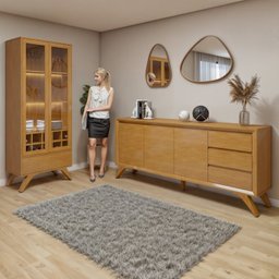 Conjunto Sala de Jantar 100% MDF com Buffet e Cristaleira Reflecta Pés em Madeira Maciça Elegance - 3