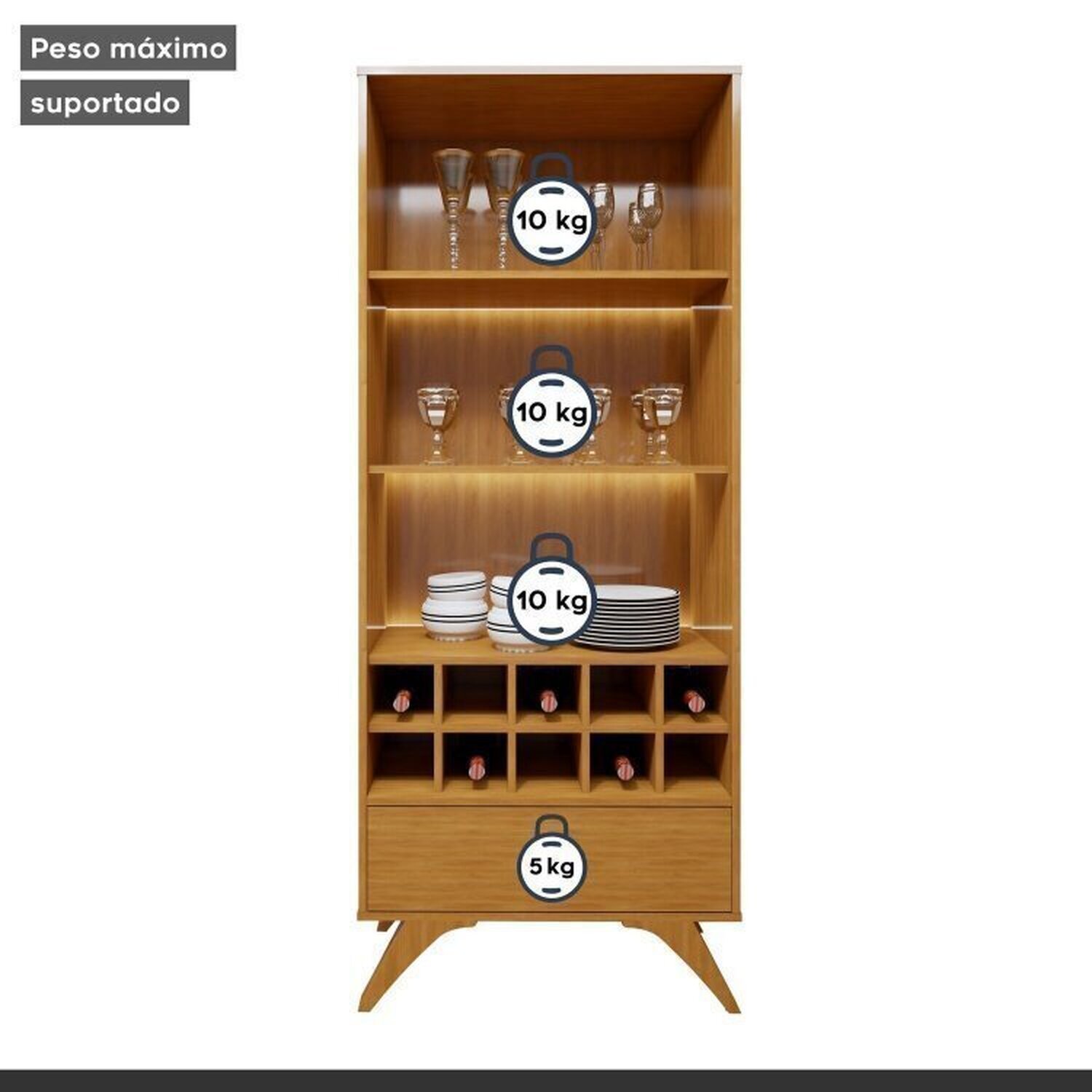 Conjunto Sala de Jantar 100% MDF com Buffet e Cristaleira Reflecta Pés em Madeira Maciça Elegance - 19