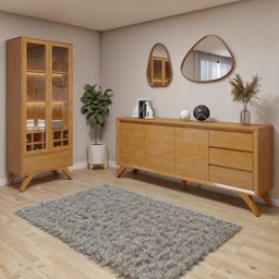 Conjunto Sala de Jantar 100% MDF com Buffet e Cristaleira Reflecta Pés em Madeira Maciça Elegance - 1