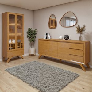 Conjunto Sala de Jantar 100% MDF com Buffet e Cristaleira Reflecta Pés em Madeira Maciça Elegance
