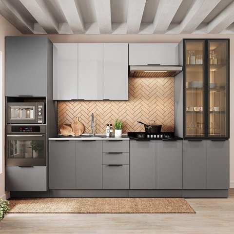 Cozinha 6 Peças com Paneleiro para Forno e Micro-Ondas com Vidro Fumê e Iluminação Lumina Cinza