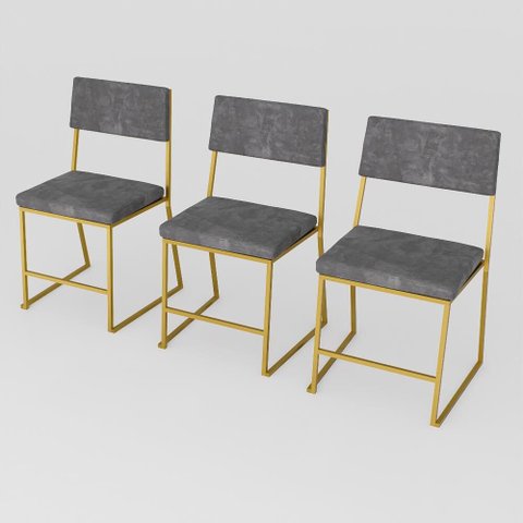 Kit 3 Cadeira Jantar Cozinha Estofada com Encosto Dourado Suede Dubai