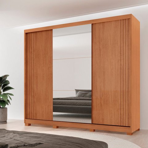 Guarda-Roupa Casal 100% MDF 3 Portas de Correr 4 Gavetas 6 Prateleiras com Pés e Espelho Chile Marrom/Marromle