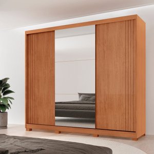 Guarda-roupa Casal 100% Mdf 3 Portas de Correr 4 Gavetas 6 Prateleiras com Pés e Espelho Chile