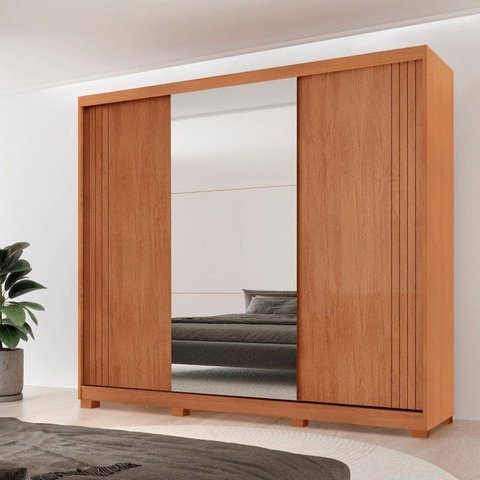 Guarda-Roupa Casal 100% MDF 3 Portas de Correr 4 Gavetas 6 Prat c/ Pés e Espelho Chile Marrom/Mar