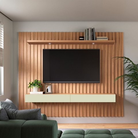 Painel para Tv até 75 Polegadas 2 Gavetas com Led 228cm Ripado Freijó/off White - Dalla Costa