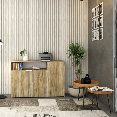 Armário Aparador com 3 Portas e Nicho 89,5x135x42cm Marrom/Carvalho/Branco