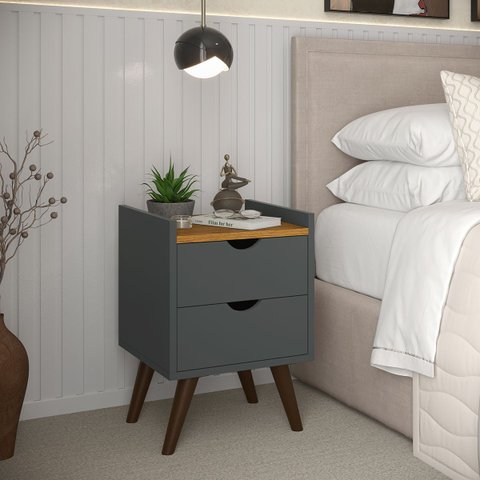 Mesa Lateral de Cama Cabeceira 2 Gavetas:cinza