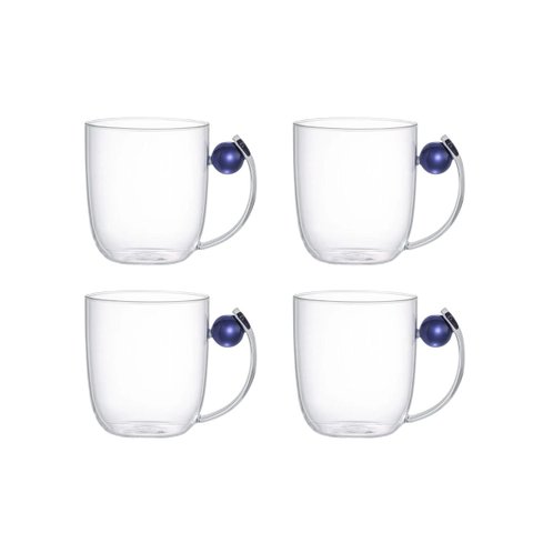 Conjunto 4 Xícaras em Vidro Borossilicato com Alça Esfera Azul 460ml UB2008 Btc