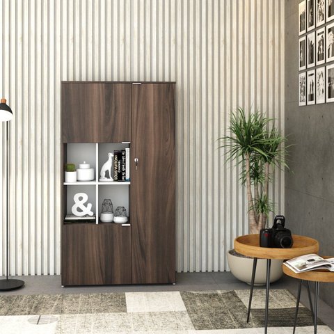 Armário Alto com Nicho e 03 Portas 161,5x90x42cm Marrom/Nogal/Branco