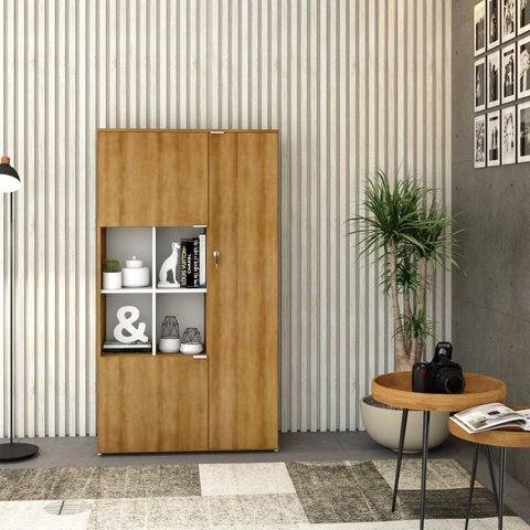 Armário Alto com Nicho e 03 Portas 161,5x90x42cm Marrom/Lamina Mel/Branco