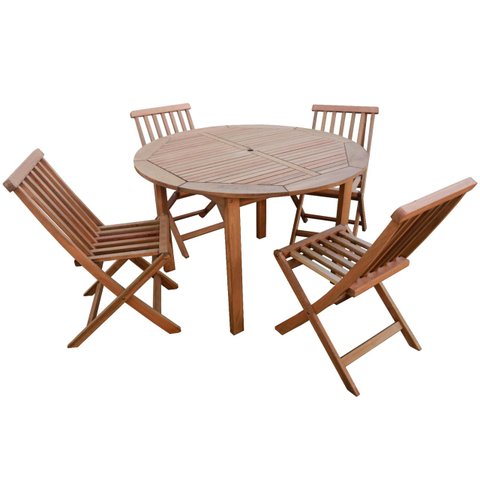Conjunto 4 Cadeiras Dobráveis e Mesa Redonda com Furo para Ombrelone em Madeira Maciça