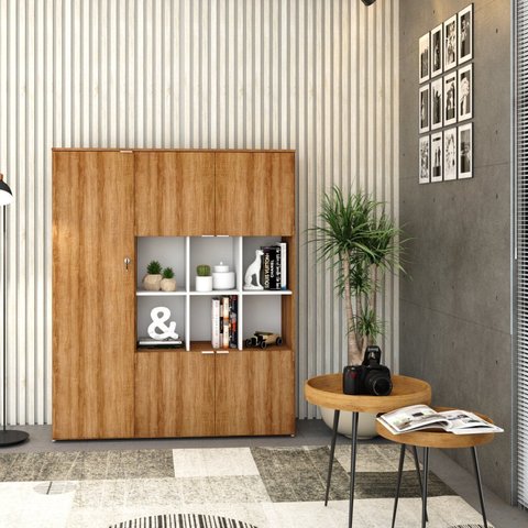 Armário Alto com Nichos e 05 Portas 161,5x135x42cm Marrom/Lamina Mel/Branco