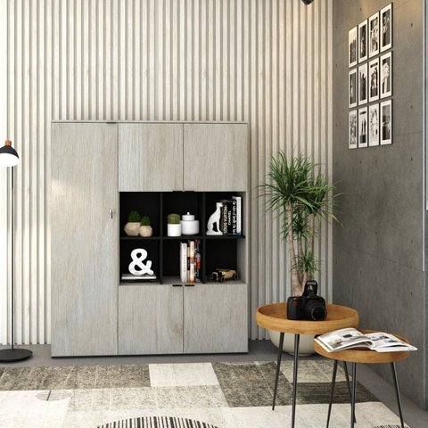 Armário Alto com Nichos e 05 Portas 161,5x135x42cm Branco/Snow/Preto
