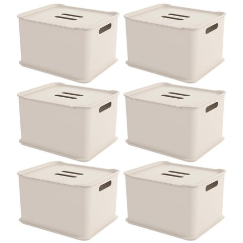 Kit 6 Caixas Organizadoras 23,9l com Tampa Cesto Brinquedos Closet Bege Coza Fit