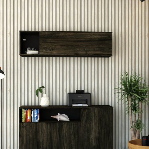 Armário Aéreo com Nicho e Porta Basculante 35x135x35cm Marrom/Carvalho/Preto