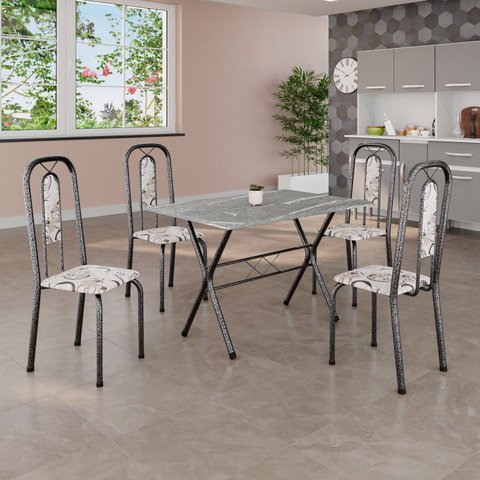 Conjunto de Mesa Tubular 100x60cm Tampo em Granito com 4 Cadeiras Lívia Prata/Arabesco/Mart