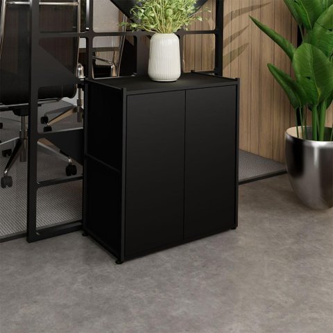 Armário Escritório Baixo 63cm X 36cm 2 Portas F5 Office Cor:preto