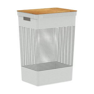 Cesto de Roupas Grid c/ Tampa de Bambu 49L Branco Oceano OU 55x29x39cm