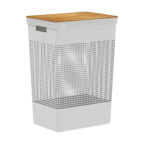 Cesto de Roupas Grid c/ Tampa de Bambu 49L Branco Oceano OU 55x29x39cm