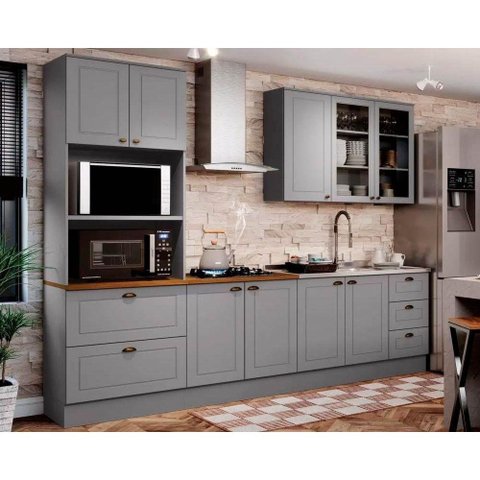 Kit de Cozinha Modulada 5 Peças Americana (1 Aéreo. 2 Balcões, 1 Paneleiro, 1 Complemento) Cinza