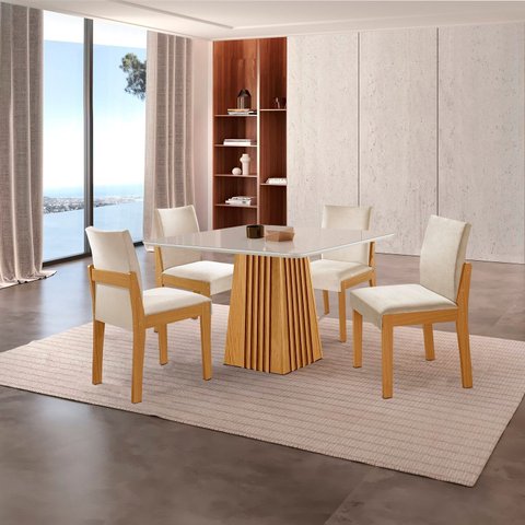 Conjunto de Jantar Mesa Áustria 0,90cm x 0,90cm Tampo MDF/Vidro com 4 Cadeiras Mônaco Yescasa Marrom/Castanho Cinamomo/Creme/Off White