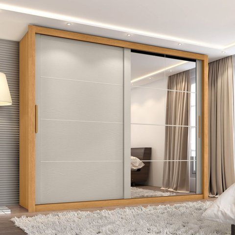 Guarda Roupa Casal Essencial 2 Portas de Correr 6 Gavetas com 8 Espelhos Marrom/Cinamomo/Areia