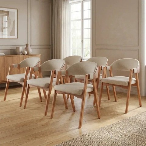 Kit 6 Cadeiras Sala de Jantar Estofadas com Braços Linho Madeira Gaia Yescasa Bege