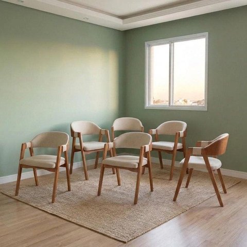 Kit 6 Cadeiras Sala de Jantar Estofadas com Braços Linho Madeira Gaia Yescasa Bege