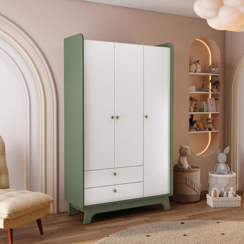 Guarda-roupas 3 Portas 2 Gavetas:verde Oliva/branco