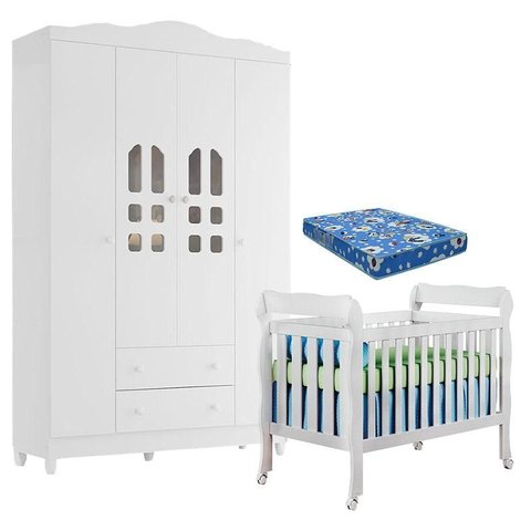 Berço Americano Lila e Guarda Roupa Infantil New Selena 4 Portas Branco Brilho com Colchão Ortobom –