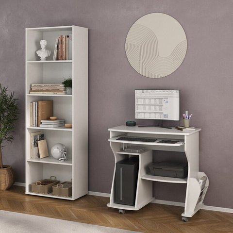 Conjunto 2 Peças com Escrivaninha para Computador Cpu e Estante para Livros 5 Prateleiras Branco