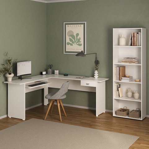 Conjunto 2 Peças com Mesa para Escritório em L 1 Gaveta e Estante para Livros 5 Prateleiras Branco