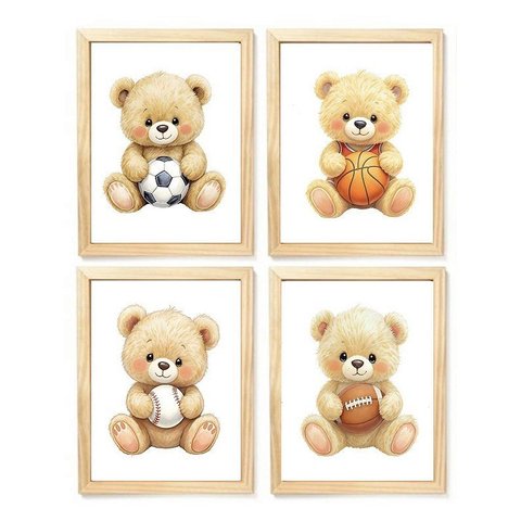 Kit Quadro Decorativo Ursinho Esporte Bolas Quarto Criança Bebê Enxoval Menino