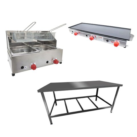 Kit Lanchonete Mesa de Manipulação 120x55cm + Fritadeira a Gás 2 Cuba + Chapa a Gás 90cm