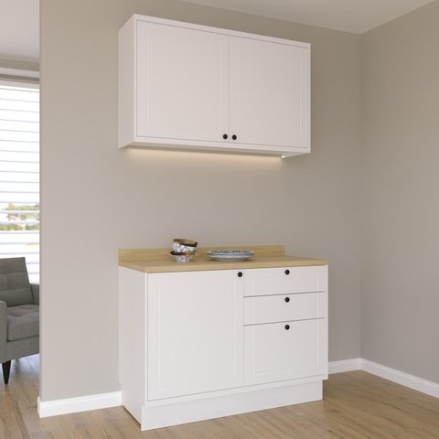 Cozinha Compacta Modulada 2 Peças 3 Portas 3 Gavetas Sevilha Branco/Ártico/Carvalho Nature
