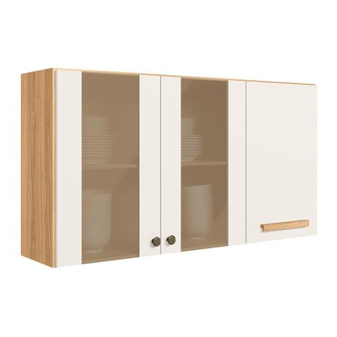 Armário Aéreo Intenza 120cm 3 Portas Freijó/off White Cristal com Vidro Reflecta - Nicioli
