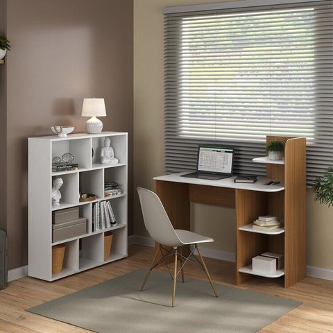 Conjunto 2 Peças com Escrivaninha com Nichos e Estante para Livros 10 Carvalho Branco