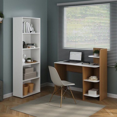 Conjunto 2 Peças com Escrivaninha 3 Praleiras com Estante para Livros 5 Prateleiras Branco Carvalho