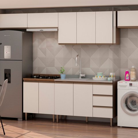 Cozinha Completa Modulada com Área de Serviço Integrada Bege/Ébano/Off White
