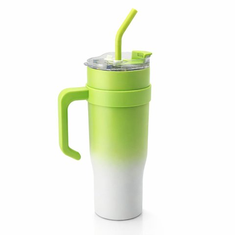 Copo Térmico Ms-958 1200ml Dupla Camada Aço Inox Grande com Canudo e Tampa:Degradê Verde e Branco