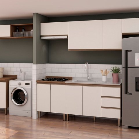Cozinha Completa Modulada com Armário para Área de Serviço/Lavanderia Integrada Bege/Ébano/Off White