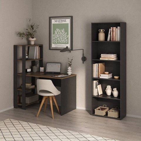 Conjunto 2 Peças com Escrivaninha Match e Estante para Livros 5 Prateleiras Pinho Preto