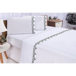 Lençol de Cama Padrão Casal Atenas Branco e Verde Petróleo 4pç